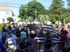 Police supporters hold a "Thin Blue Line" American flag to face protesters Monday in Fairfield.