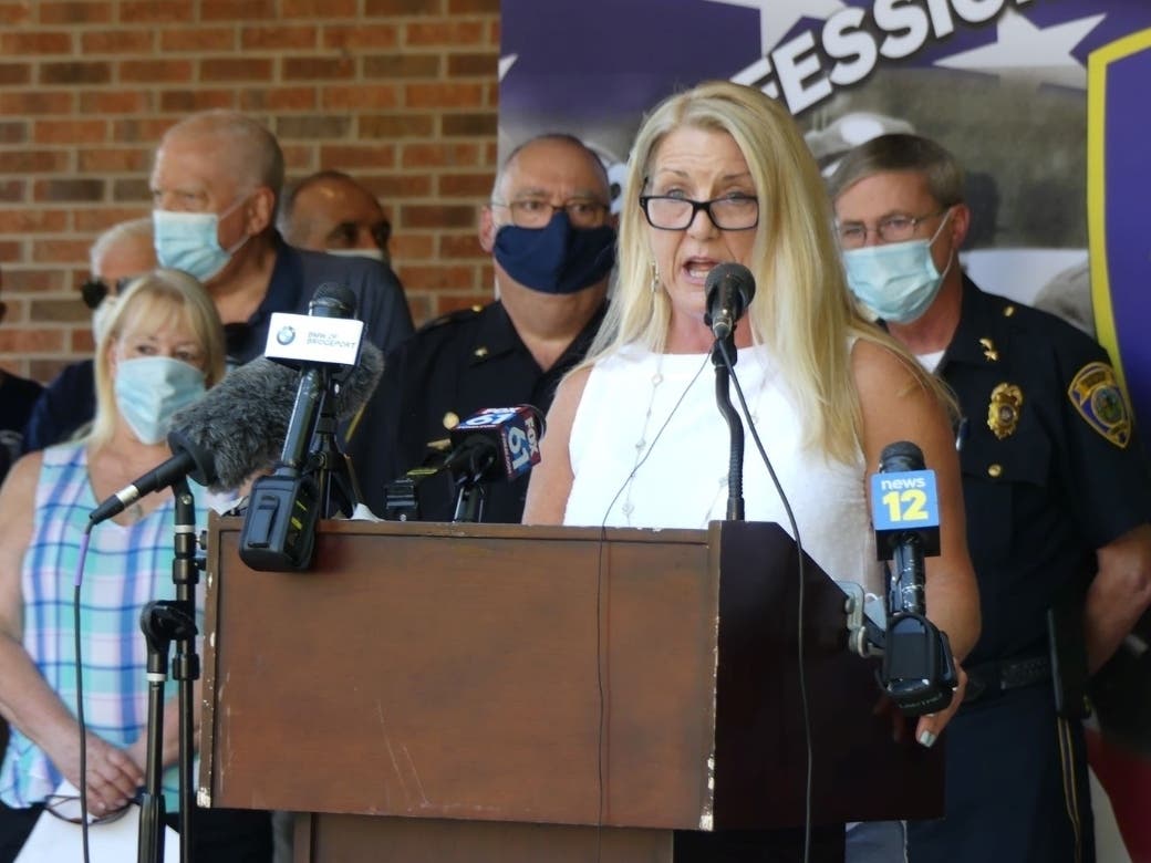 First Selectwoman Brenda Kupchick speaks at a news conference Monday.