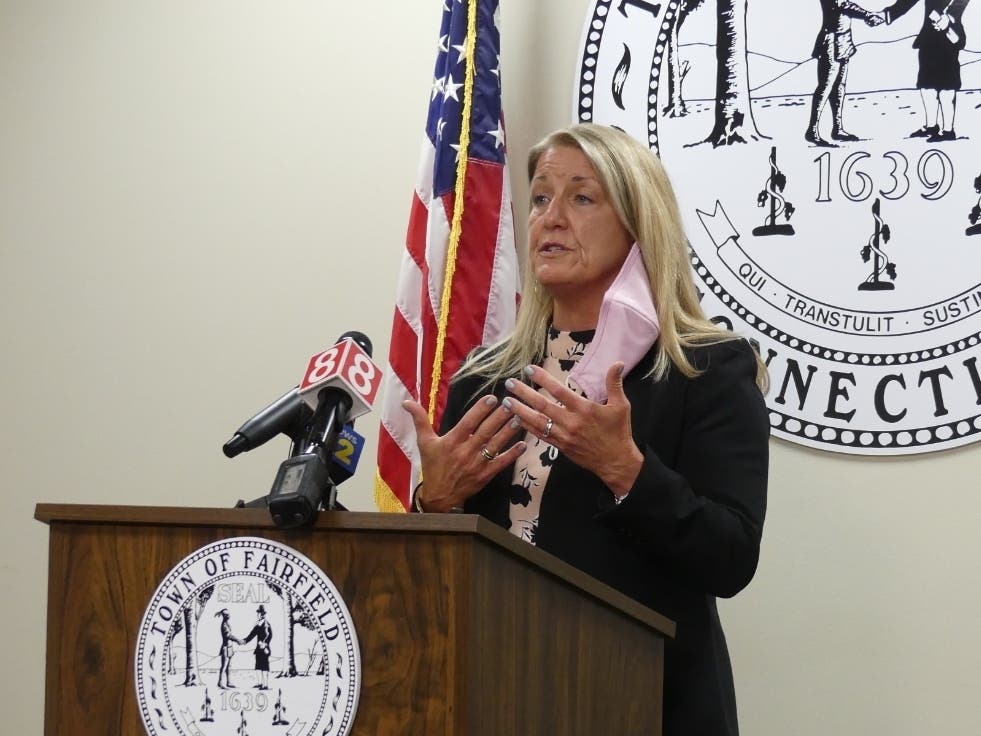 First Selectwoman Brenda Kupchick speaks Wednesday at a news conference at Sullivan Independence Hall.