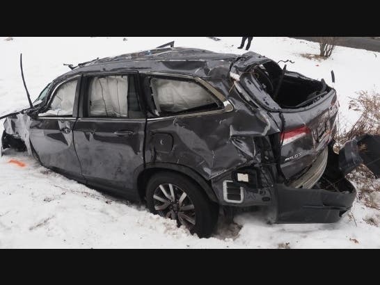 A Honda Pilot is seen after it was stolen from Westport and crashed in Fairfield, according to police.