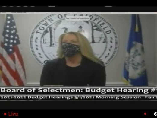 First Selectwoman Brenda Kupchick presents the proposed 2021-22 Fairfield budget at a virtual meeting Monday that streamed on FairTV.