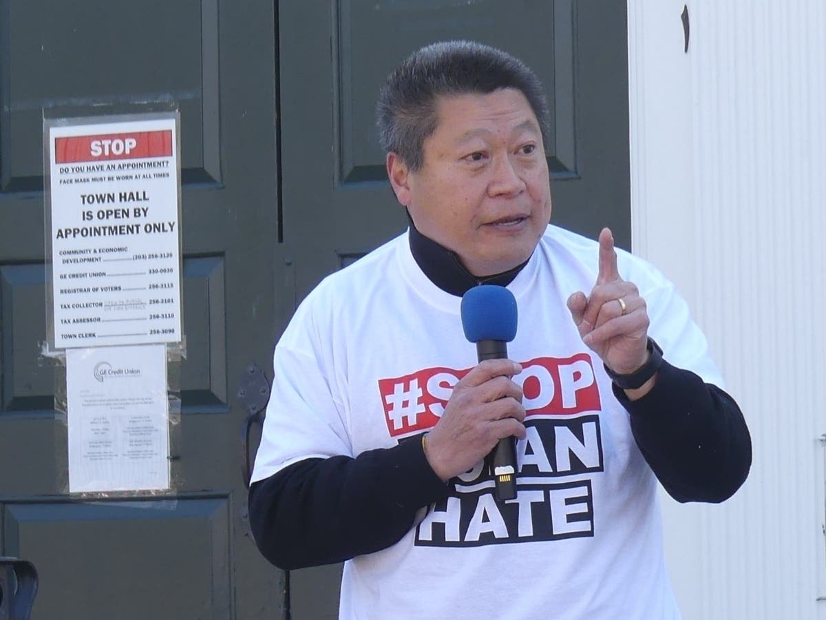 State Sen. Tony Hwang speaks at a Stop Asian Hate rally earlier this month.