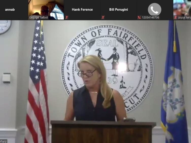 First Selectwoman Brenda Kupchick addresses town officials Monday.