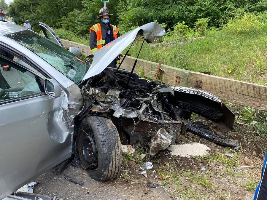 A damaged car is seen after a crash Sunday in Fairfield.