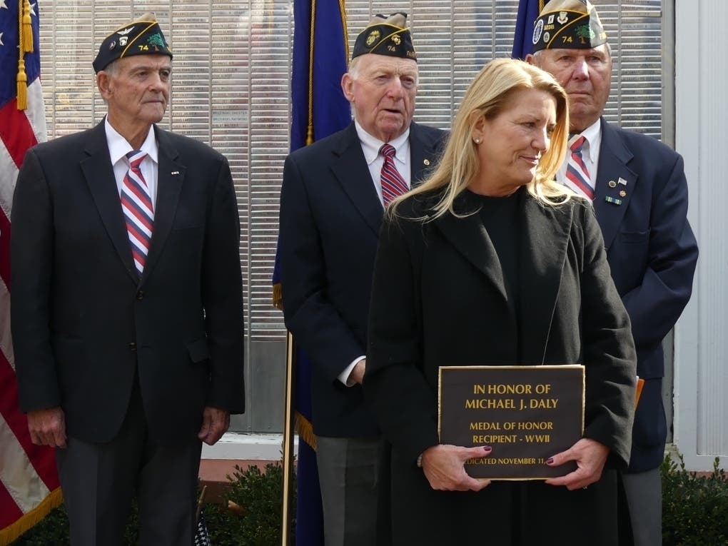 First Selectwoman Brenda Kupchick recognized Capt. Michael J. Daly on Thursday at the Fairfield Veterans Day Ceremony.