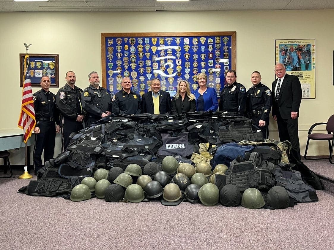 Fairfield police are joined Monday by several elected officials, Fairfield County police chiefs and representatives from the Ukrainian American Club of Southport to announce a collaborative donation of body armor to Ukrainian defenders.