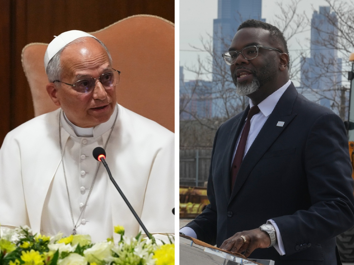 Pope Leo XIV speaks during the presentation of his first encyclical at the Vatican, Monday, May 25, 2026. Chicago Mayor Brandon Johnson speaks during a press conference on Wednesday, March 25, 2026, in Chicago.