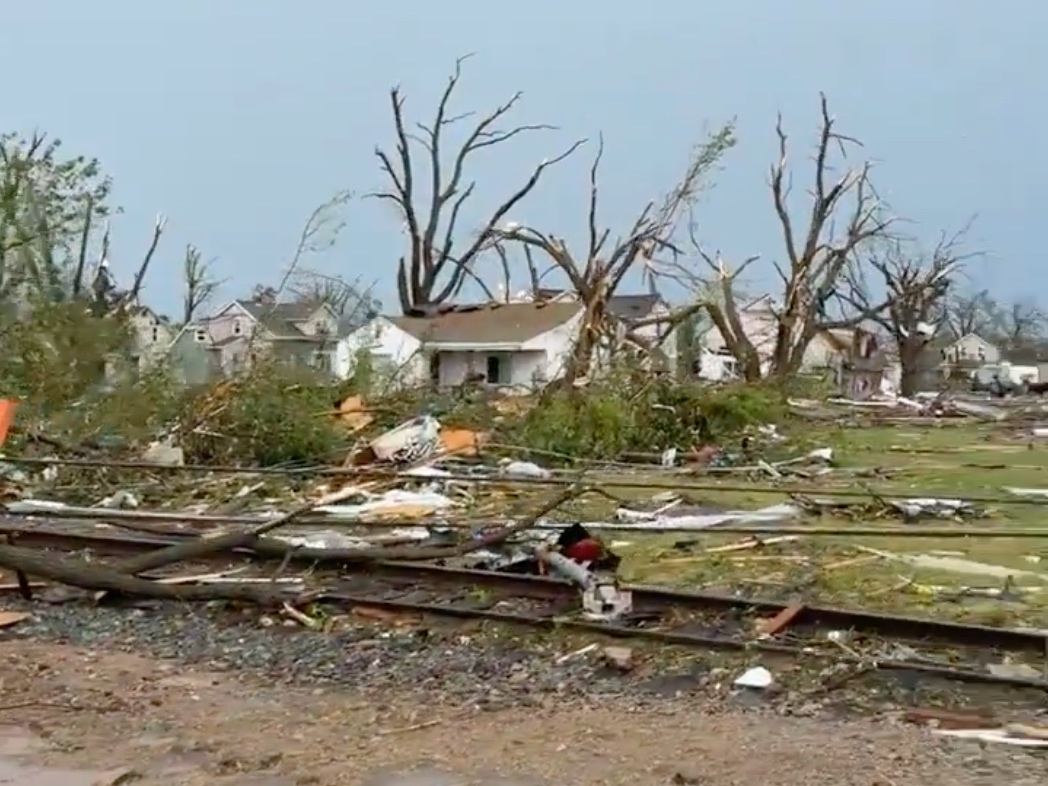 Video from Menasha shared on X by user @Real_Wookie showed widespread destruction, with tops ripped off trees, a vehicle on its side and debris strewn all over.