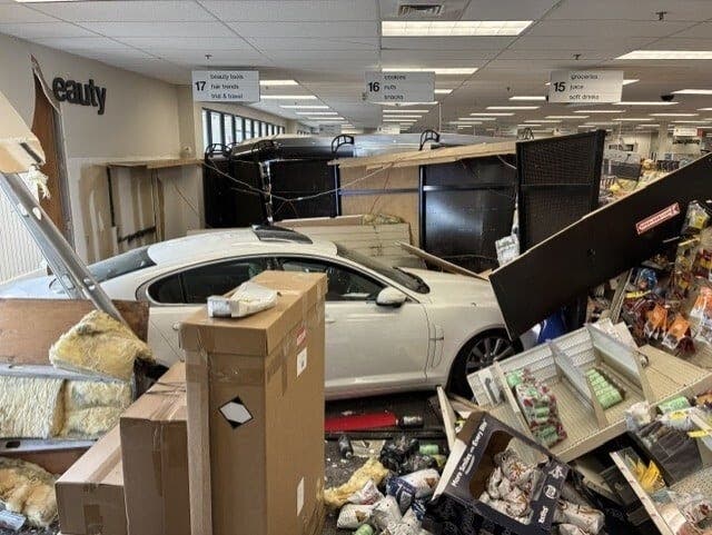 A sedan crashed into a CVS on Saturday in Acton, authorities said.