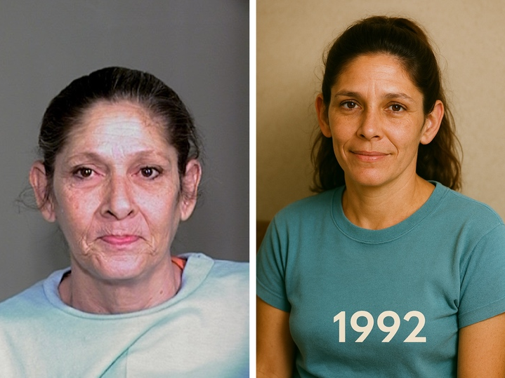 Belenske is seen in a 2009 photo, while an AI rendering shows what she might have looked like in 1992.