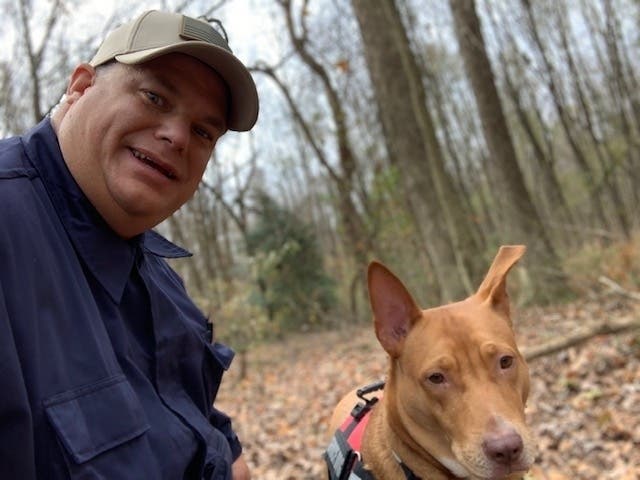 Tom Peculski and his service dog, Dutch, help track down missing and homeless people in Camden County.