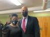 Commissioner Director Felicia Hopson and U.S. Senator Cory Booker were among those who greeted the First Lady at the Samuel Smith School in Burlington City.