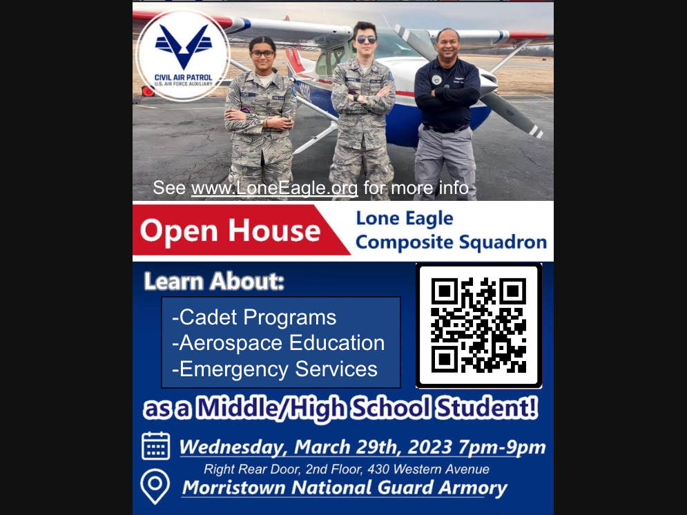 Cadet Ria Lewis, C/SrA Byron Mendez, and pilot Major Sachin Adbe at the Morristown Airport, Feb 2023