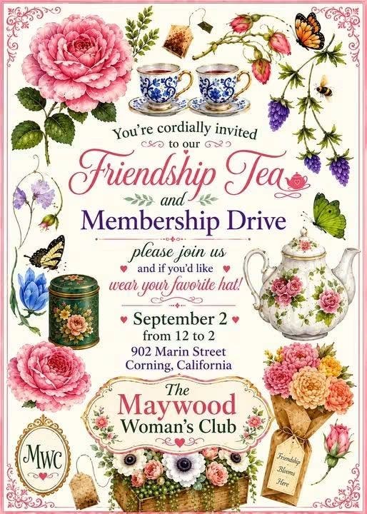 🫖Maywood Woman's Club's Annual Friendship Tea on Wednesday, September 2nd, Noon - 2PM