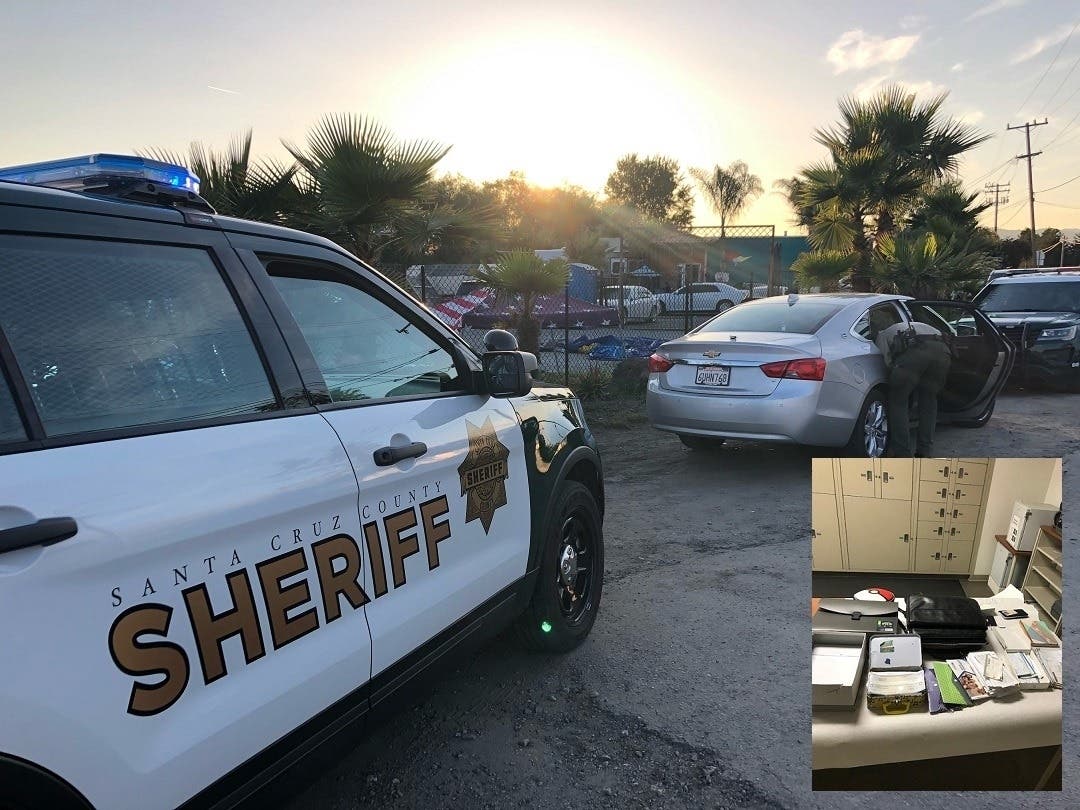 Sunday's traffic stop, along with a photo inset of materials found during the search. 