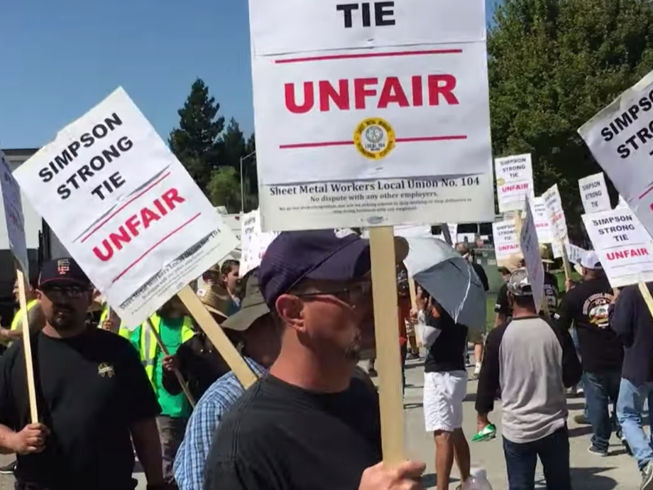 Workers in Stockton picket Simpson Strong-Tie.