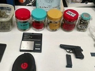 Drugs. paraphernalia, a gun and ammunition allegedly found during Saturday's traffic stop by Watsonville police.