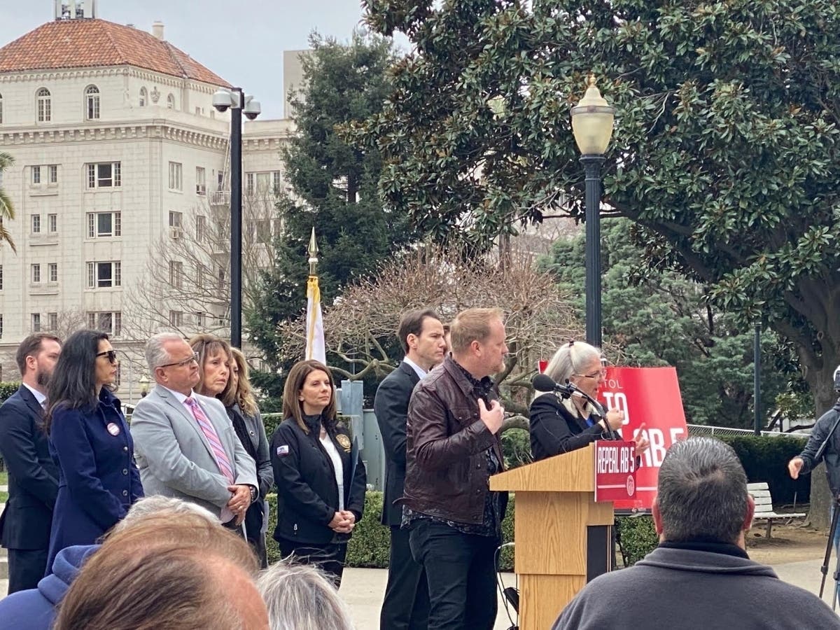 Assemblywoman Melissa Melendez (fourth from right) during a "Repeal AB 5" rally at the State Capitol on Jan. 28, 2020.