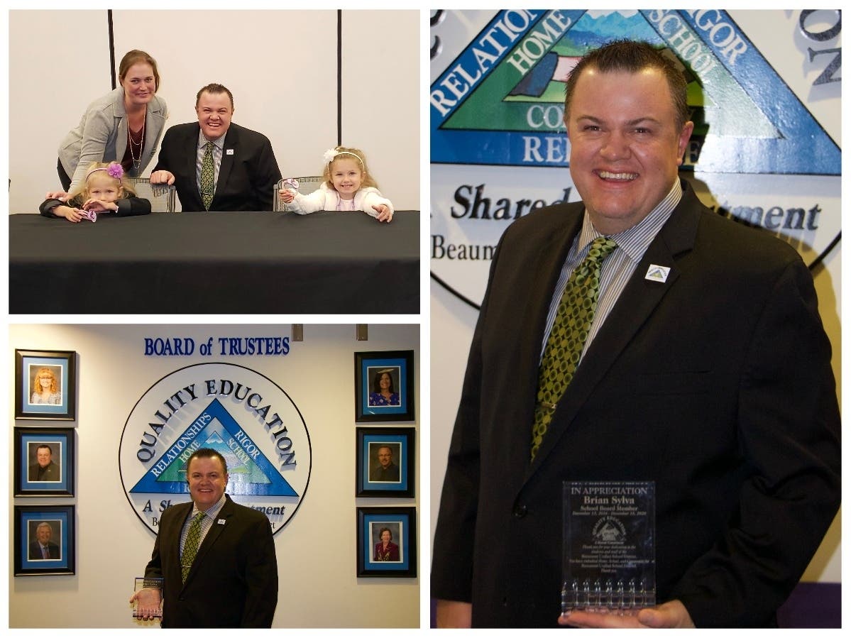 BUSD board member Brian Sylva during Tuesday's night's recognition. The top left photo shows Sylva with his wife and children.