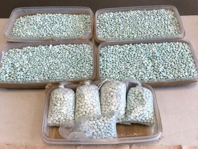 Illicit fentanyl “M-30” pills seized by the Riverside County Sheriff's Department. 