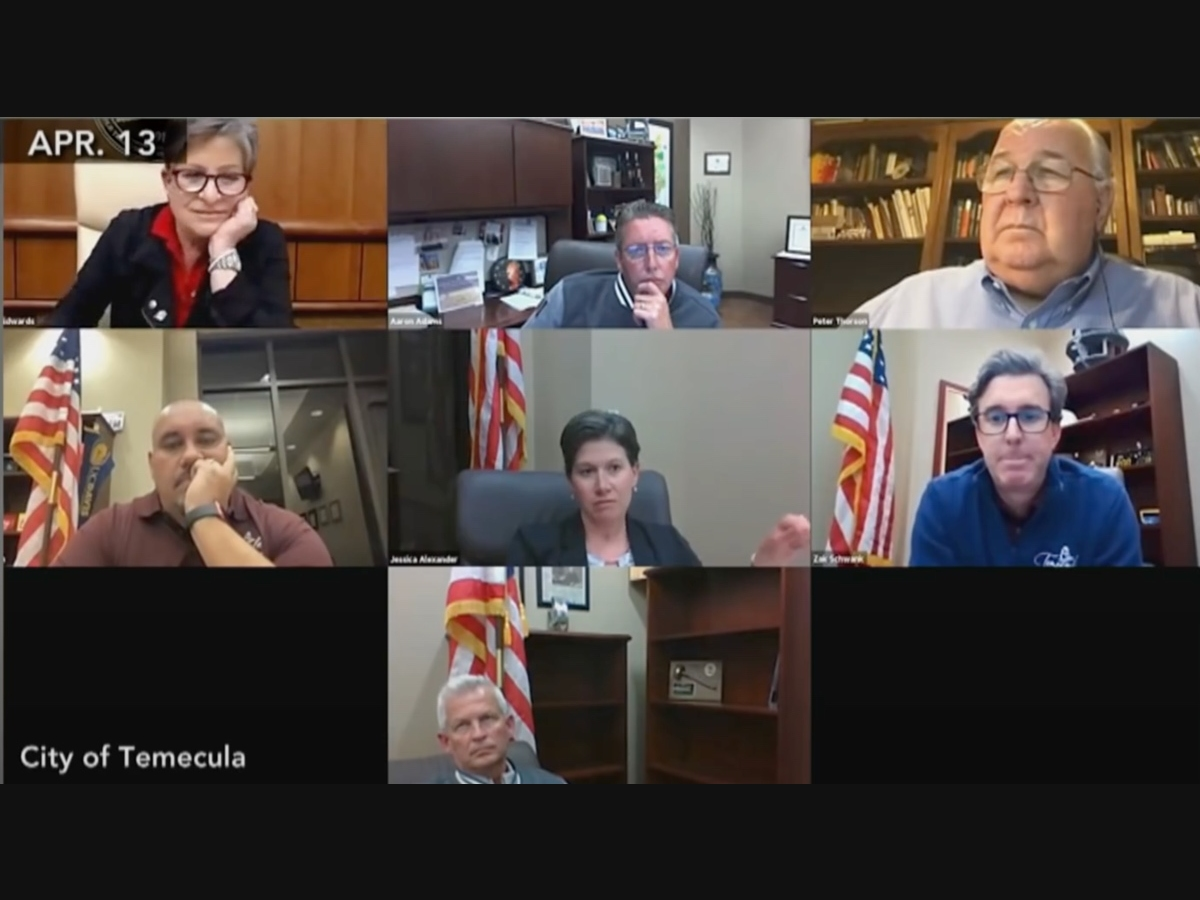 Temecula City Council meeting. Top row: Mayor Maryann Edwards, City Manager Aaron Adams, City Attorney Peter Thorsen. Middle row: Mayor Pro Tem Matt Rahn, council members Jessica Alexander and Zak Schwank​. Bottom: Council Member James Stewart.