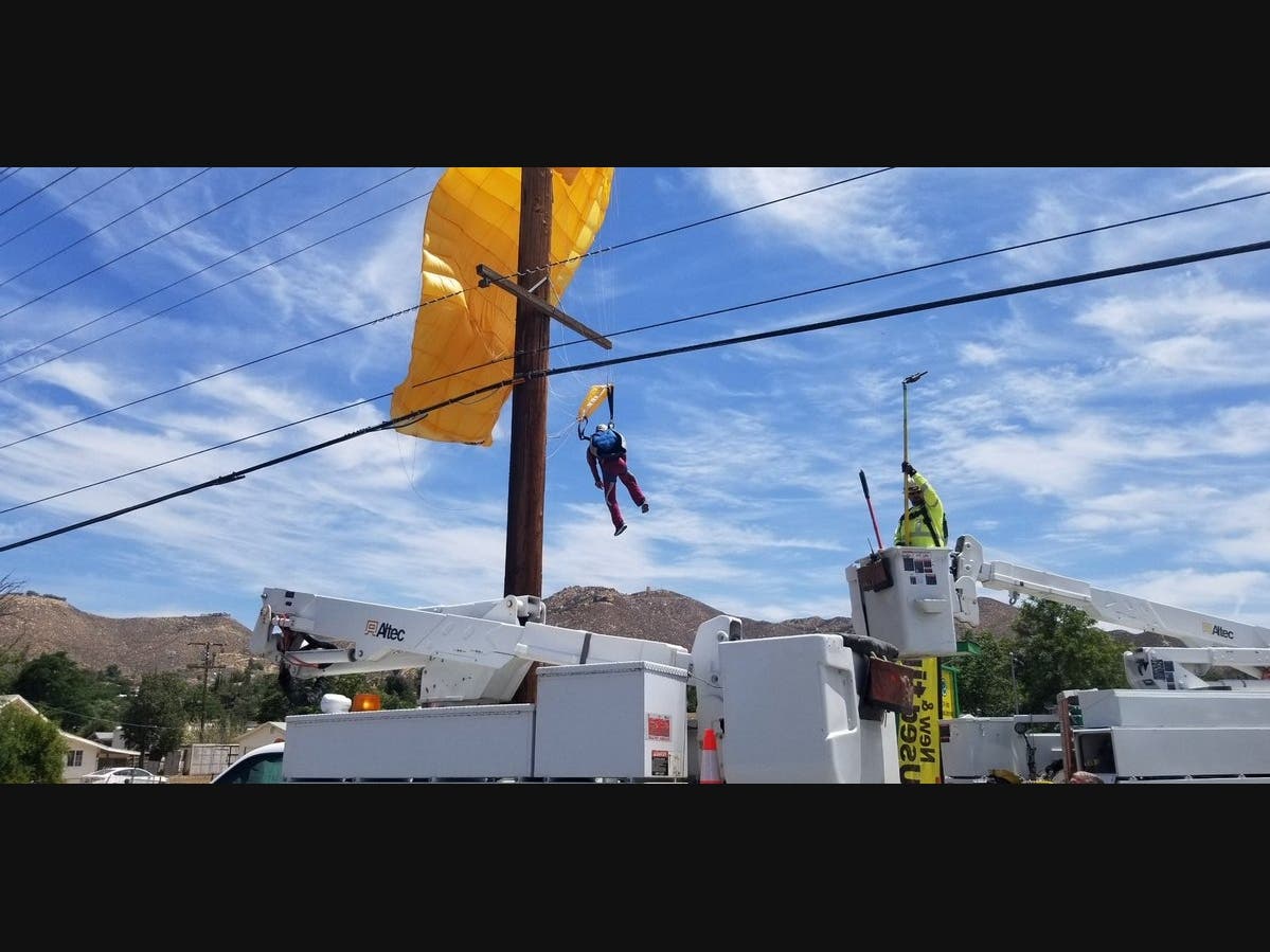 SCE "cut the power to the lines and was able to safely bring the patient down with their bucket lift," according to a Cal Fire/Riverside County Fire Department tweet.