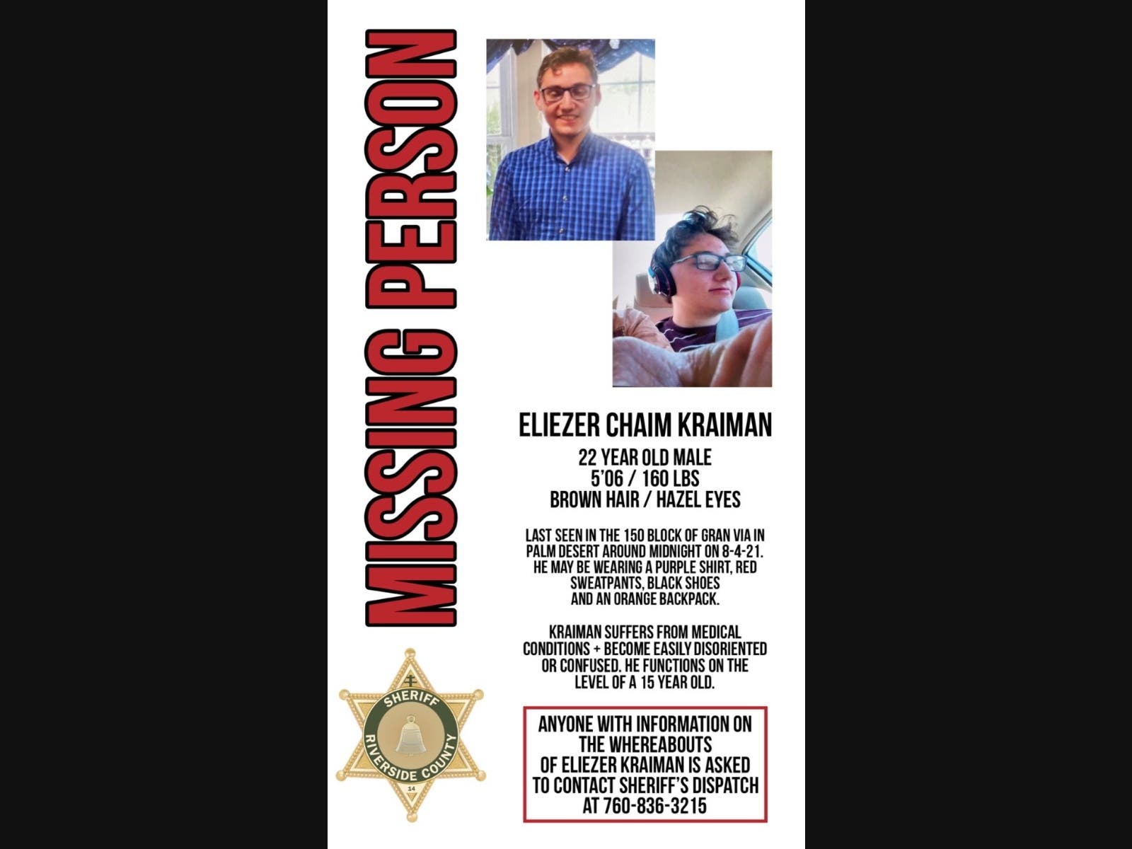 A flyer distributed by the Riverside County Sheriff's Department.