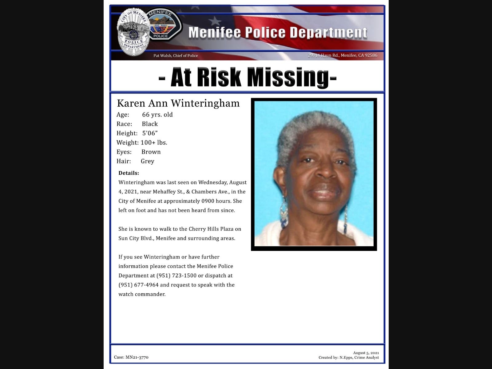 A police flyer with information about missing person Karen Ann Winteringham. 