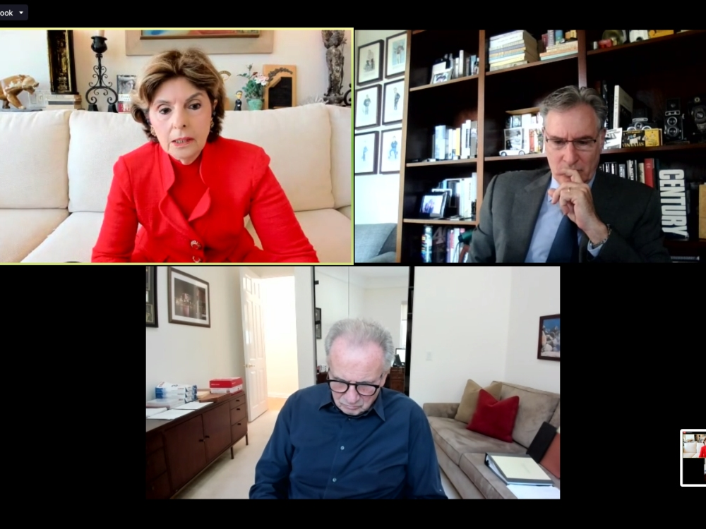 A screen capture of Friday's news conference called by attorney Gloria Allred (top left). Attorneys John West (top right) and Nathan Goldberg also took questions Friday.
