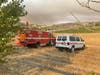 Cal Fire crews standby in the 36000 block of Avenida La Cresta ready to refuel choppers battling the Chaparral Fire.