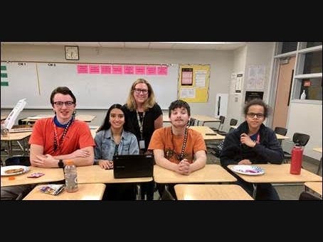 Palm Desert High School's first-place team members from L to R: Evan Lindemann, Shafaa Munjal, Coach Patricia Lizza, Joseph Lehman, and Ian Randolph.