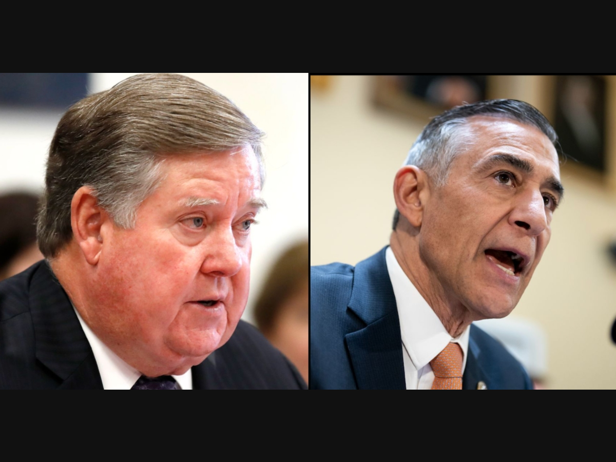 From left: Ken Calvert speaks during a hearing on Capitol Hill, April 11, 2018; Rep. Darrell Issa speaks in objection to the Domestic Terrorism Prevention Act of 2022 as the House Rules Committee meets to advance the legislation at the Capitol.