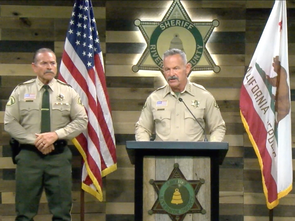Riverside County Sheriff Chad Bianco stands at the podium during the March 20 news conference. 