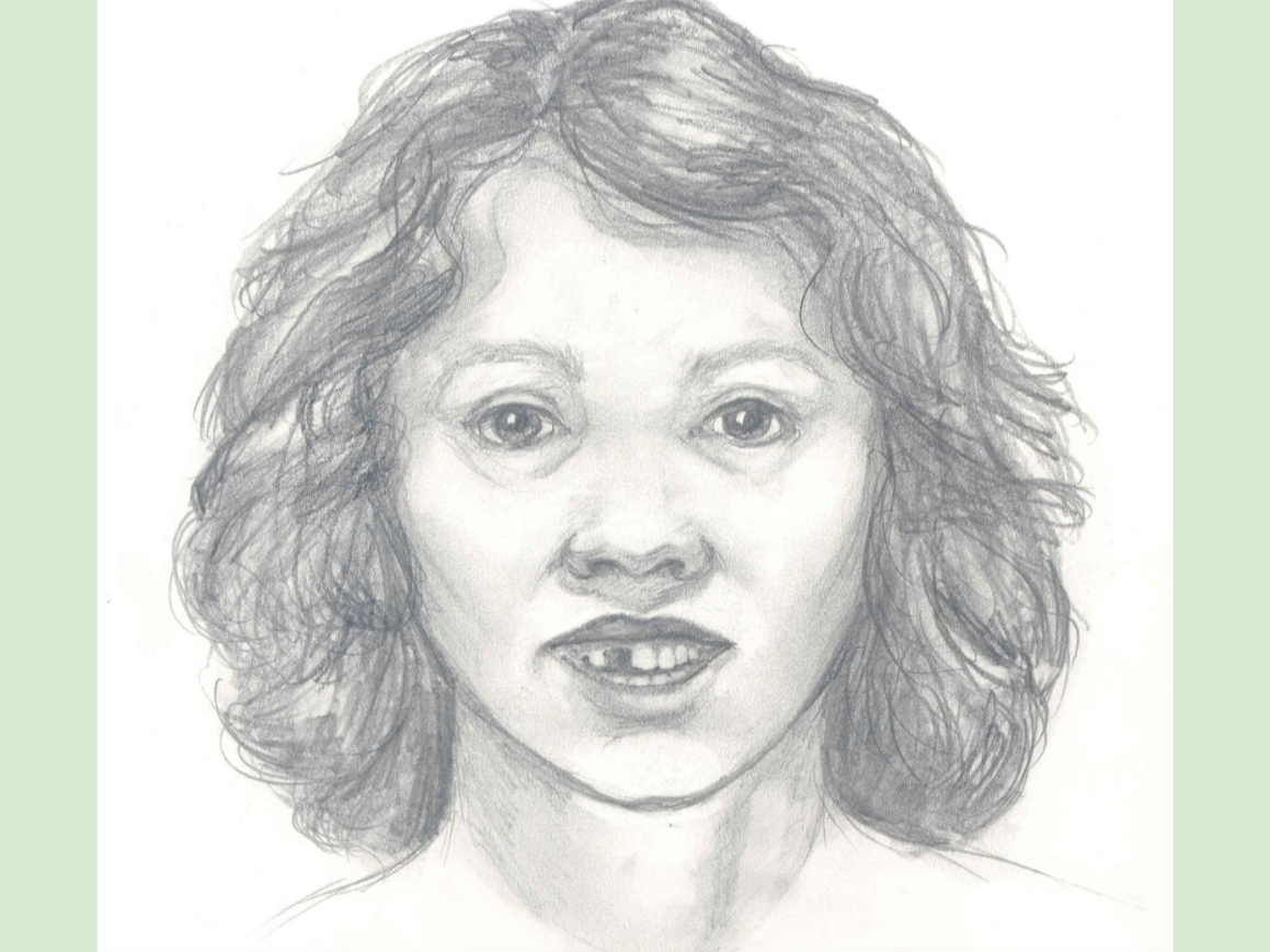 An artist's sketch of the victim. She is described as between 25 and 35 years old, approximately 5 feet to 5 feet 2 inches tall, and weighing about 130-150 pounds, with shoulder-length brown hair.