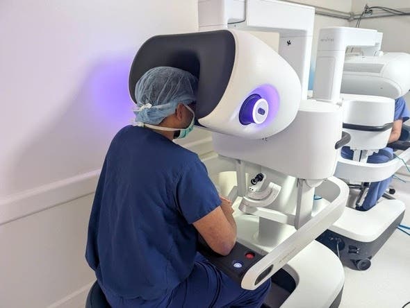 Visitors can step into the surgeon’s seat of the da Vinci 5 system.