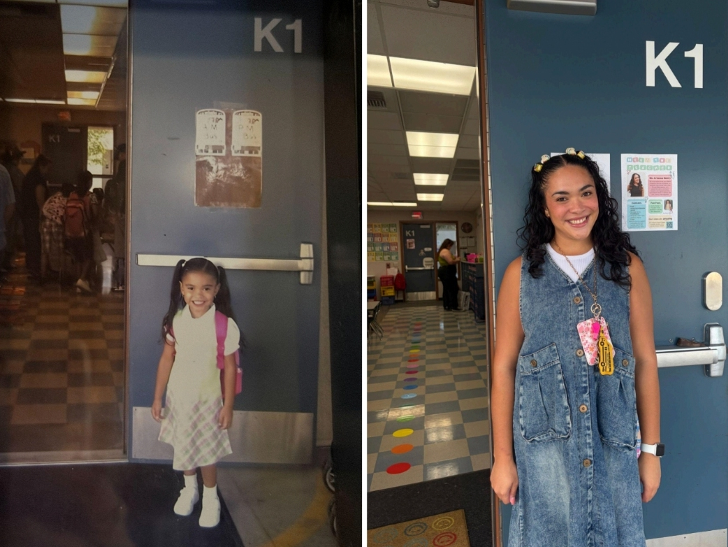 Arianna Henry stands outside classroom K1 at Freedom Crest Elementary School as
a 5-year-old kindergartener (left) and today as a first-year kindergarten teacher.