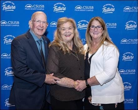 Pictured from left: John Rogers, June Rogers, and Janet Rogers. The family established the Rogers Scholarship program. Since its establishment, the endowment has awarded more than $2 million to Palm Desert Campus students.