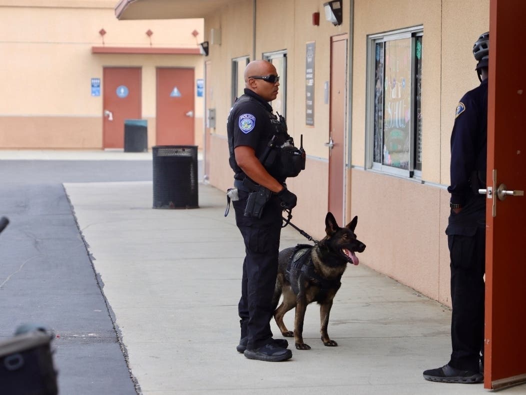 K-9 Ella, a trained detection dog, has joined the Val Verde Unified School District Police Department alongside her handler, Officer Hurst.