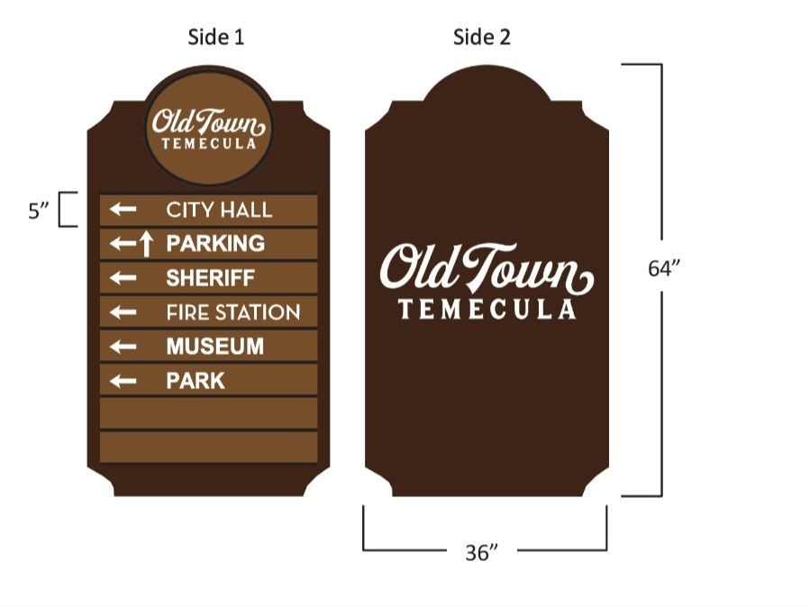 An artist's rendering showing the design and dimension of a new wayfinding sign for Old Town Temecula.